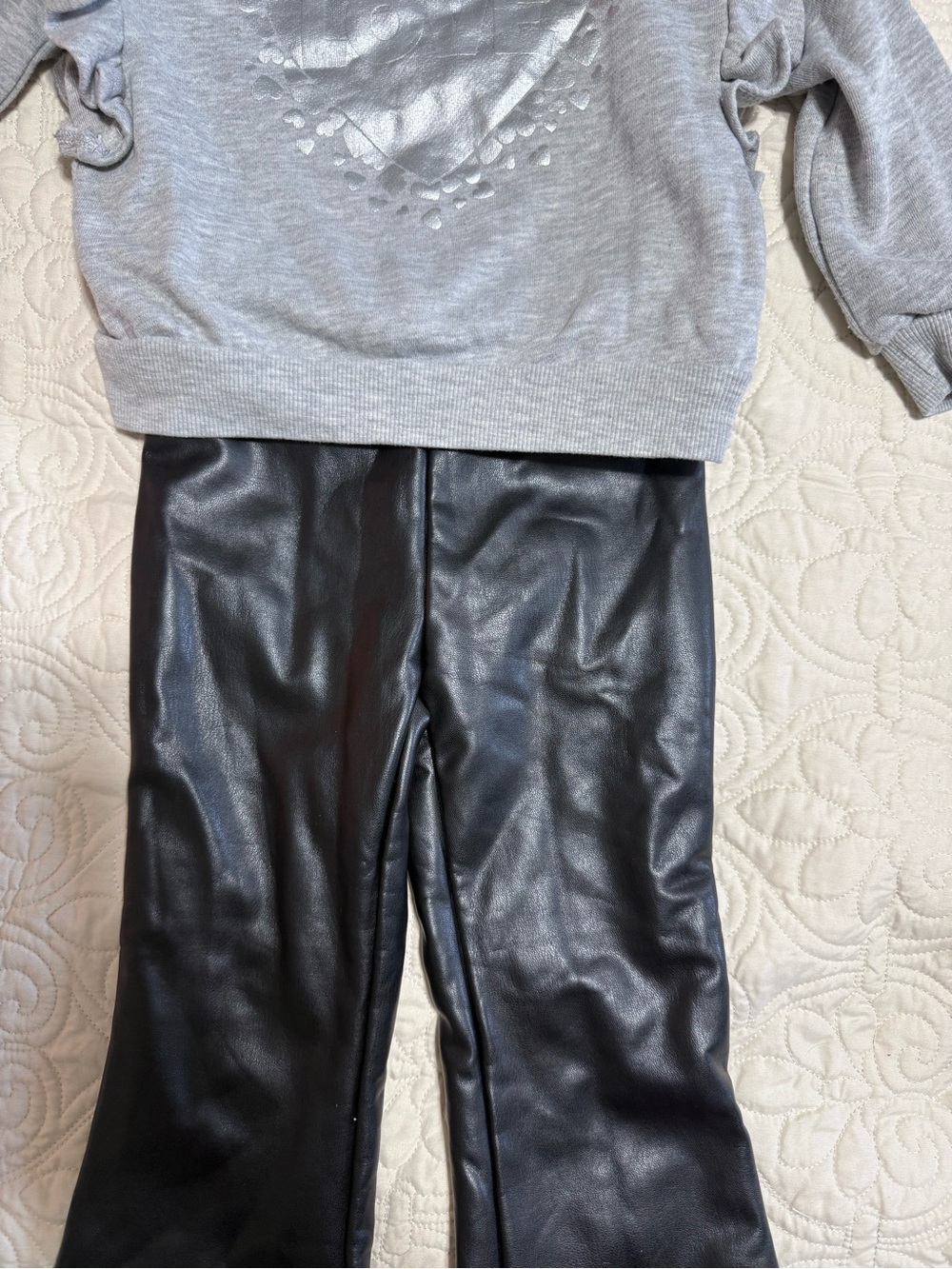 Rachel Zoe Girls' Gray Love Ruffles Sweatshirt & Black Faux Leather Flare pants - Picture 2 of 5